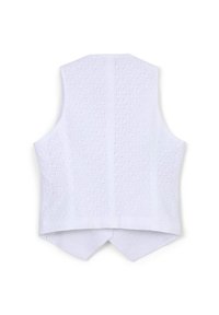 Weißes ärmelloses Oberteil mit Ösen-Spitzenmuster, schrägem Saum und soliden Nähten am Rücken; leichtes Material mit texturierter Optik.