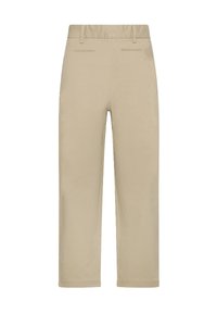 Pantaloni beige realizzati in tessuto misto cotone, con taglio dritto, tasche frontali e vita classica con passanti per cintura.