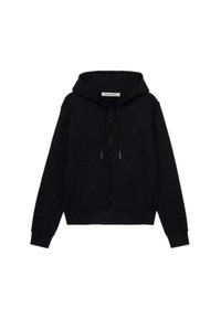 Černá mikina na zip vyrobená z měkké, texturované tkaniny. Obsahuje kapuci se stahovací šňůrkou, žebrované manžety a malé logo na prsou.