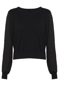 Svart tröja med lång, genomskinlig ärm. Ribbade detaljer vid ärmslut och nederkant. Rund hals, kort design med en slät kroppsdell.