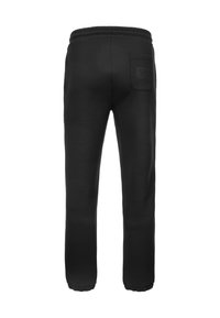 Czarne spodnie dresowe z elastyczną talią, zwężanymi nogawkami i tylną naszywaną kieszenią. Wykonane z miękkiej tkaniny o gładkiej fakturze.