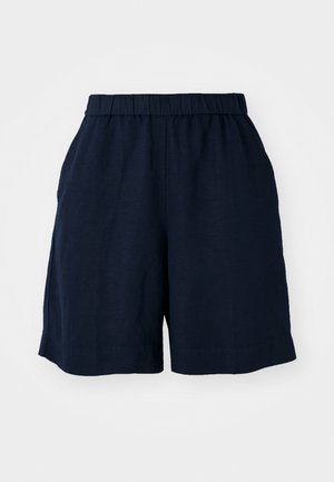 Pantaloni corti blu navy con cintura elastica, realizzati in un tessuto leggero. Presentano una vestibilità comoda e tasche laterali per funzionalità.