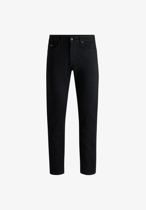 Mustad denim teksad, sirge lõikega, viie tasku kujundusega, metallnööpidega sulgemine ja peenelt õmmeldud õmblused.