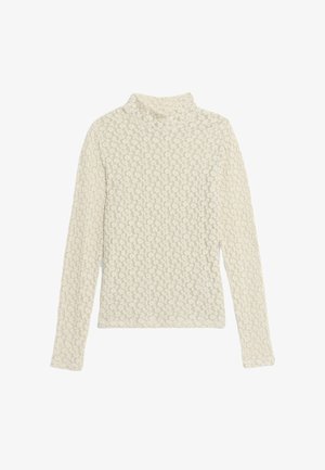 Krémový rolák vyrobený z texturované látky s reliéfním květinovým vzorem. Dlouhé rukávy a přiléhavý střih.