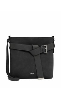 Black leather crossbody bag with a textured surface, featuring a knotted strap detail and a silver metal buckle. Includes an adjustable strap.