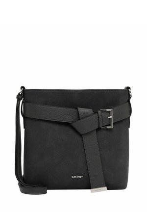 Black leather crossbody bag with a textured surface, featuring a knotted strap detail and a silver metal buckle. Includes an adjustable strap.