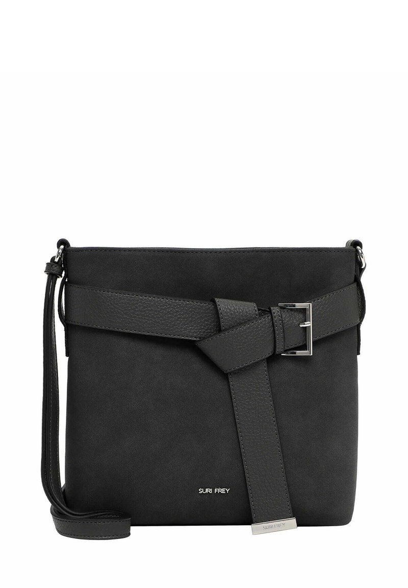 Black leather crossbody bag with a textured surface, featuring a knotted strap detail and a silver metal buckle. Includes an adjustable strap.