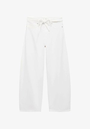 White wide-leg pants made of lightweight fabric, featuring a drawstring waist, two front pockets, and simple metal hardware accents.