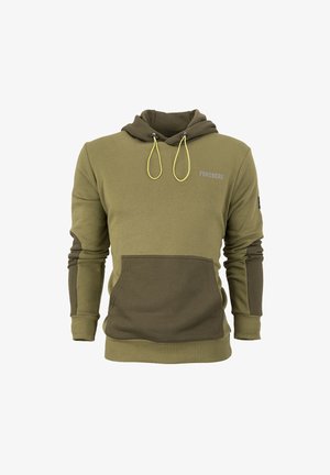 Olivgrüner Hoodie mit dunklen grünen Akzenten, verstellbaren Kordeln, vorderer Taschenöffnung und einem bedruckten Logo in Hellgrau auf der Brust.