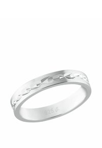 Silberring mit einer glatten, polierten Oberfläche und einem geometrischen Muster entlang des Randes, auf der Innenseite mit der Gravur "925 a" versehen.