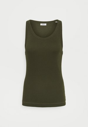 Olivgrünes, geripptes, ärmelloses Baumwoll-Top mit rundem Ausschnitt, geradem Saum und taillierter Silhouette.