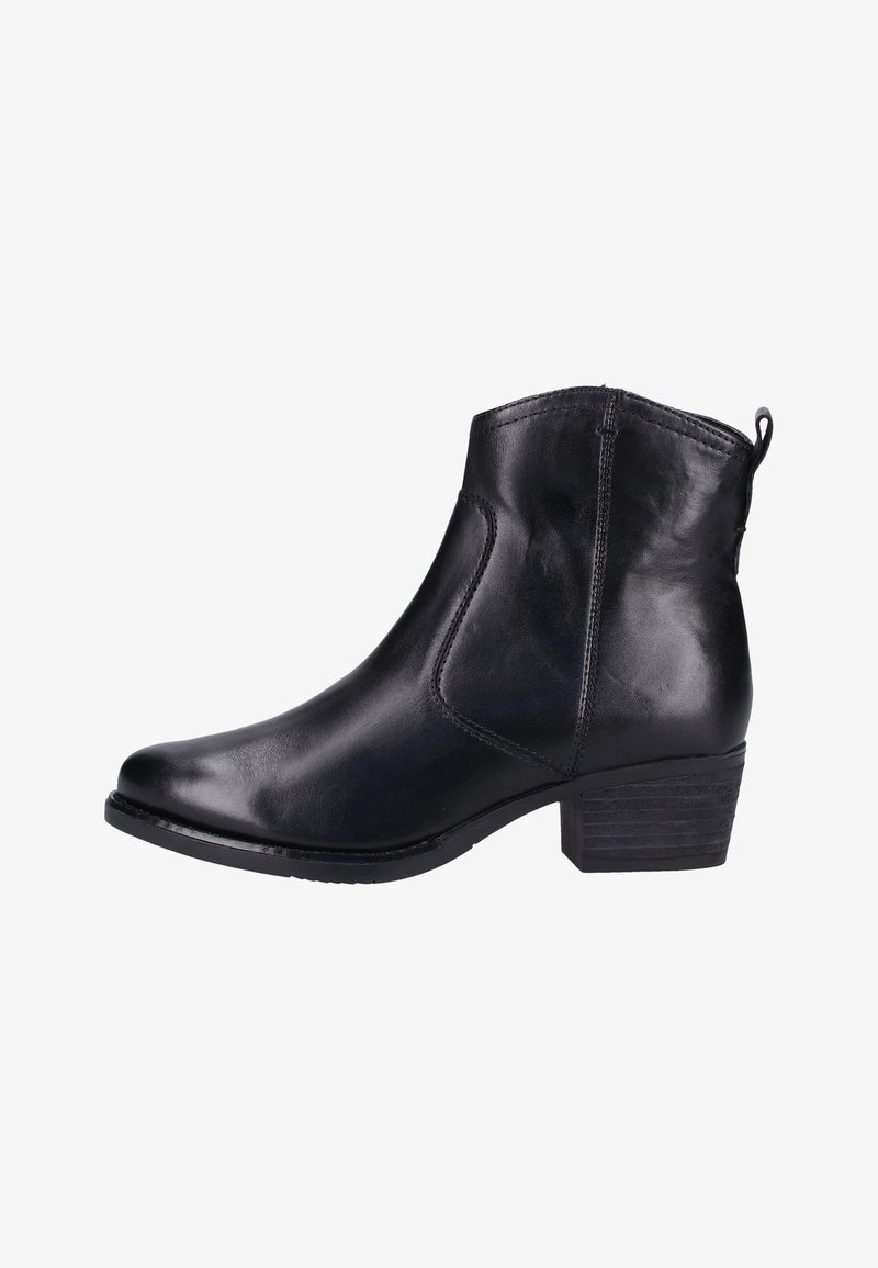 Bottine en cuir noir avec couture latérale, bout arrondi, talon bloc et languette à l'arrière.