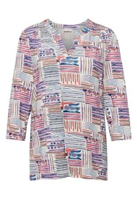 Langarm top met een V-hals, gemaakt van lichte stof met een multifunctioneel geometrisch patroon van strepen en vormen in paars, roze en blauw.