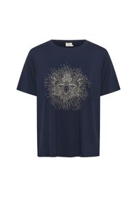 T-shirt en coton bleu marine à manches courtes, présentant un motif graphique doré détaillé d'une tortue entourée de motifs éclatants.