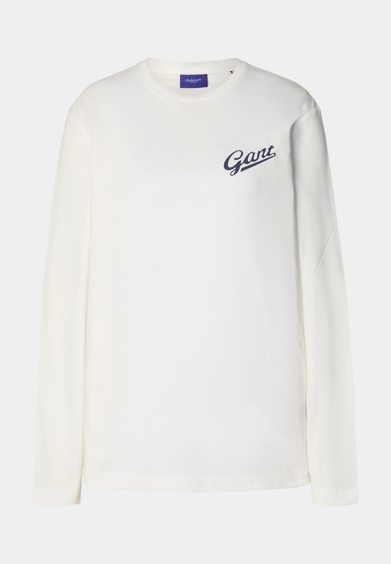 Weißes langärmeliges T-Shirt aus weicher Baumwolle, mit rundem Ausschnitt und einem marineblauen "Gant"-Logo auf der linken Brust. Schlichtes und klassisches Design.