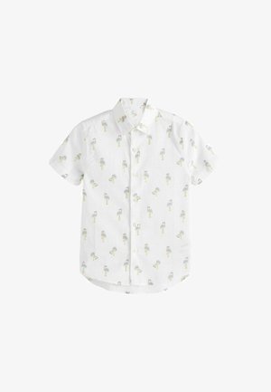 Kurzärmliges Hemd aus weißer Baumwolle mit einem bunten Druck von Flamingos und Palmen, ausgestattet mit einem klassischen Kragen und geradem Saum.