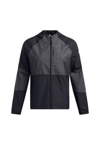 Giacca nera con zip completa e cappuccio, caratterizzata da un motivo a griglia bianca sul petto e sulle maniche superiori, mentre maniche e corpo inferiori sono in nero uniforme.