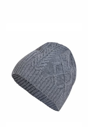 Graue gestrickte Wintermütze mit Zopf- und Musternaht, gerippter Rand, vor weißem Hintergrund.