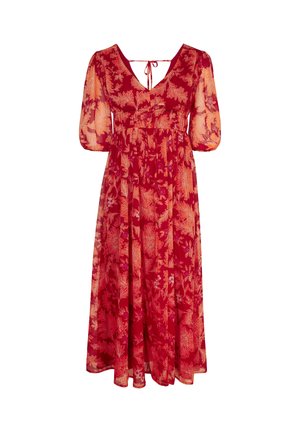 Rode midi-jurk met oranje bloemenprint, V-hals, halve pofmouwen en een strikdetail aan de achterkant.