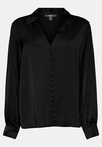 Blouse noire en satin à manches longues avec boutons recouverts de tissu sur le devant, col classique, poignets élastiques et coupe décontractée.