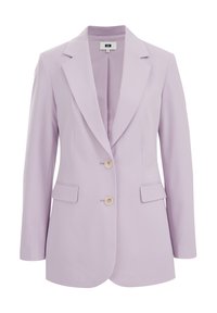 Lilas kvinnors kavaj med två beige knappar, spetsiga slag, långa ärmar och framfickor på en vit bakgrund.