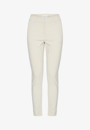 Pantalones beige de corte slim con trabillas para cinturón y cierre delantero oculto, diseñados para una silueta elegante y moderna.
