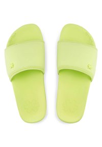 Green slide sandals with a smooth, matte finish. Features a wide strap with floral accents and a cushioned footbed for comfort.