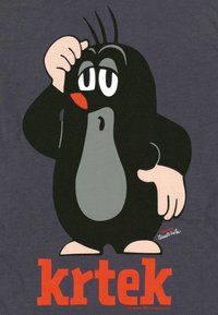 Cartoon mole with black body, gray belly, red nose, and raised hand scratching head stands above bold red text "krtek" on gray background.
