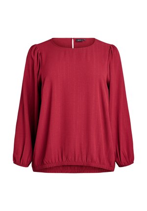 Blusa rossa a maniche lunghe con trama, scollo rotondo, maniche arricciate ed orlo elastico, con dettaglio a occhiello sul retro.