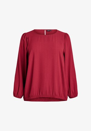 Rdeča bluzica z dolgimi rokavi, teksturirana, z zaobljenim izrezom, nabranimi rokavi in elastičnim spodnjim robom ter podrobnostjo z luknjo na hrbtni strani.