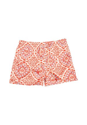 Costume da bagno corto rosa chiaro con motivo geometrico e floreale arancione e blu e coulisse bianca in vita.