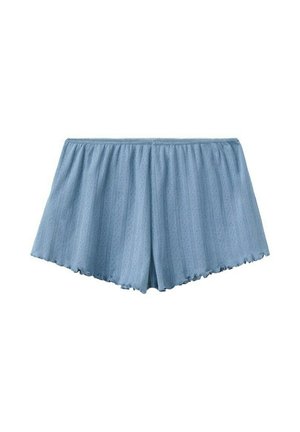 Hellblaue gestrickte Shorts mit elastischem Bund und wellenförmigen Säumen, mit dezenten vertikalen Musterdetails.