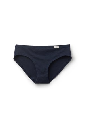 Marinblå bomullsbikini med en slät textur, elastisk midjeband och minimala sömmar för komfort. Märkt med en liten etikett.