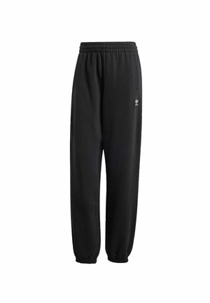 Sorte Adidas joggingbukser med elastisk talje og manchetter, sidelommer og lille hvidt Adidas-logo på det øvre lår.