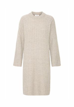 Beige ribbattuominen neulemekko, jossa on pyöreä kaula-aukko ja puolipitkät hihat. Mekko on suoralinjainen ja siinä on teksturoitu kangas.