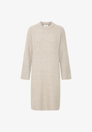 Beige bordázott kötött ruha kerek nyakkivágással és háromnegyedes ujjakkal, egyenes szabású és texturált anyagból készült.