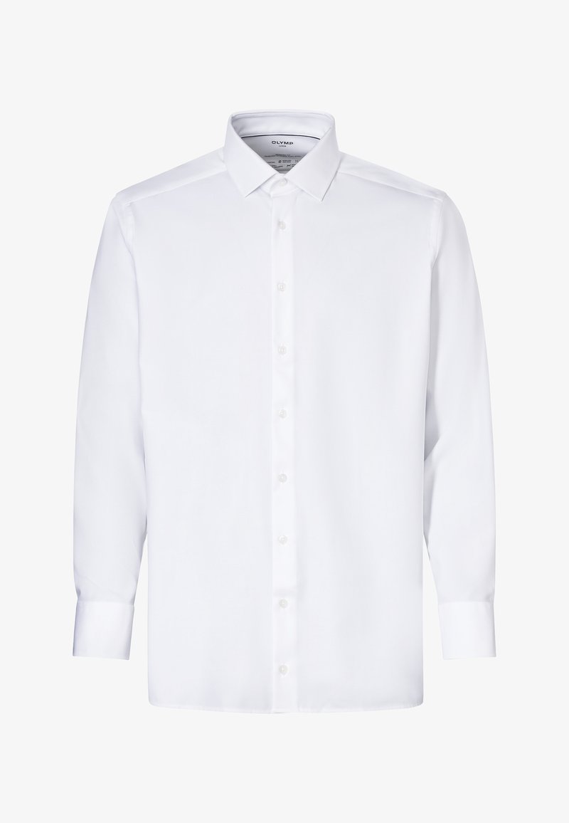 Chemise habillée blanche à manches longues pour homme, avec boutons sur le devant et col classique, soigneusement présentée sur un fond blanc.