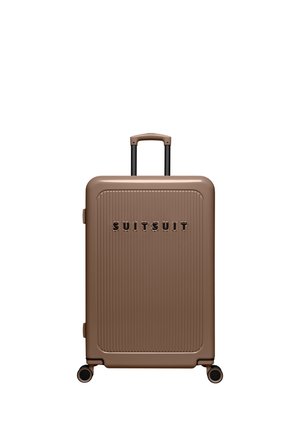 Hardcase bruine koffer met telescopische handgreep en vier zwenkwielen, met het merk "SUITSUIT" op het voorpaneel.