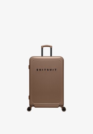 Hard-shell brown suitcase with telescopic handle and four spinner wheels, branded with "SUITSUIT" on the front panel.