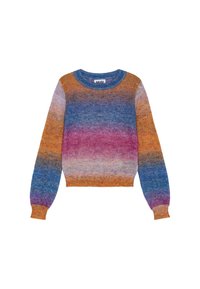 Pulóver, gradient mintázattal narancssárga, rózsaszín és kék árnyalatokban. Bordás mandzsetták és szegély. Kerek nyakvonal, puha tapintás.