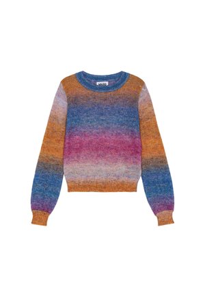 Pulóver, gradient mintázattal narancssárga, rózsaszín és kék árnyalatokban. Bordás mandzsetták és szegély. Kerek nyakvonal, puha tapintás.