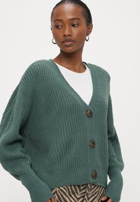 Πράσινο πλεκτό ζακέτα με V-λαιμόκοψη, τέσσερα καφέ κουμπιά, φαρδιά μανίκια και ριμπ μανσέτες. Φορεμένο πάνω από λευκό τοπ με φαρδιά μοτίβα στο κάτω μέρος.