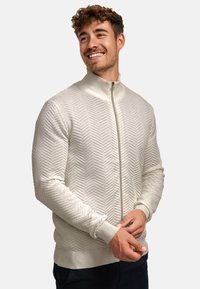 Texturerad vit zip-up-tröja med sicksackmönster, ribbad krage och muddar, tajt passform och slät tygfinish.