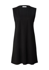 Schwarzes ärmelloses Kleid mit rundem Ausschnitt, das eine gerade Silhouette und eine subtile Mittelnaht aufweist, gefertigt aus einem glatten, leichten Stoff.