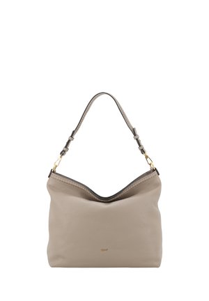 Soft taupe leather shoulder bag with adjustable strap and subtle gold brand logo on front.