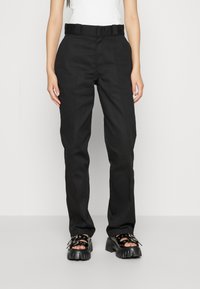 Black tailored trousers with a straight fit, featuring a waistband with belt loops. Made of smooth fabric, with minimal visible detailing.