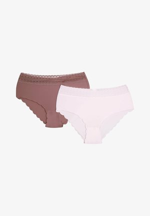 Two pairs of panties: one in brown with scalloped edges and a lace waistband, and one in white with a similar scalloped design and lace.