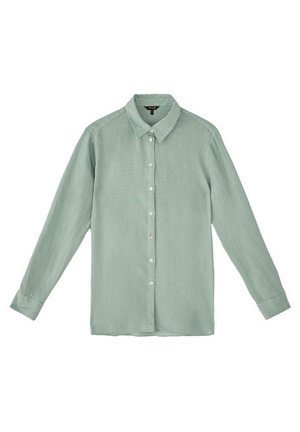 Jasnozielona, długorękawowa koszula na guziki z kołnierzykiem, wyłożona na płasko z rozłożonymi rękawami.