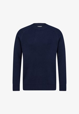 Marineblaues Rippstrickpullover mit langen Ärmeln, rundem Halsausschnitt und strukturiertem Strickmuster. Verfügt über einen geraden Saum und eng anliegende Bündchen.