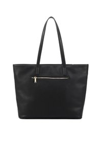 Borsa a tracolla nera realizzata in pelle liscia, con due manici, una tasca frontale con zip e un design minimalista con dettagli in metallo dorato.